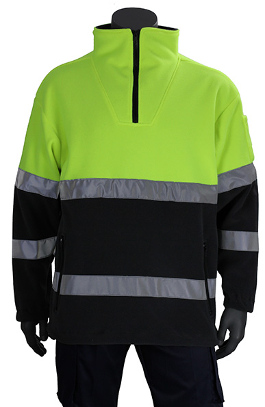 brandwond Grootte Australische persoon Polar fleece vest in fluo-geel en antraciet grijze kleur.